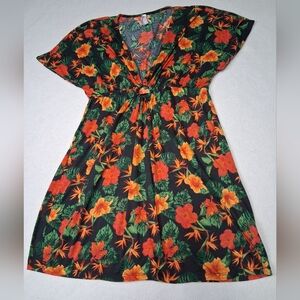 Black Floral Tropical Tie-Front Dress with Orange & Green Print